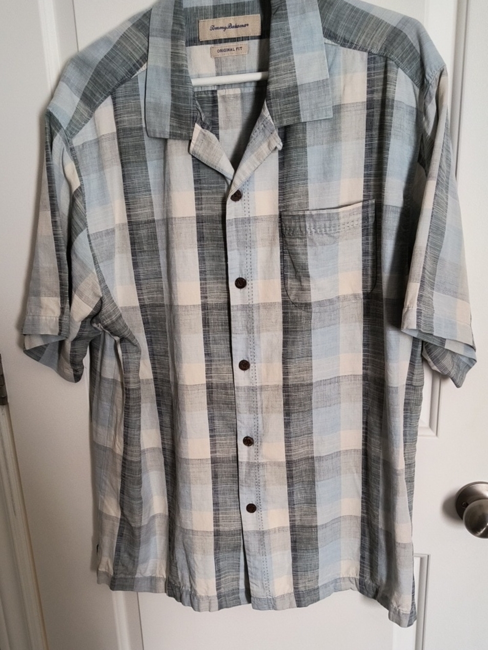 Tommy Bahama Washable Silk Sky Blue, White & Gray Plaid Camp Shirt